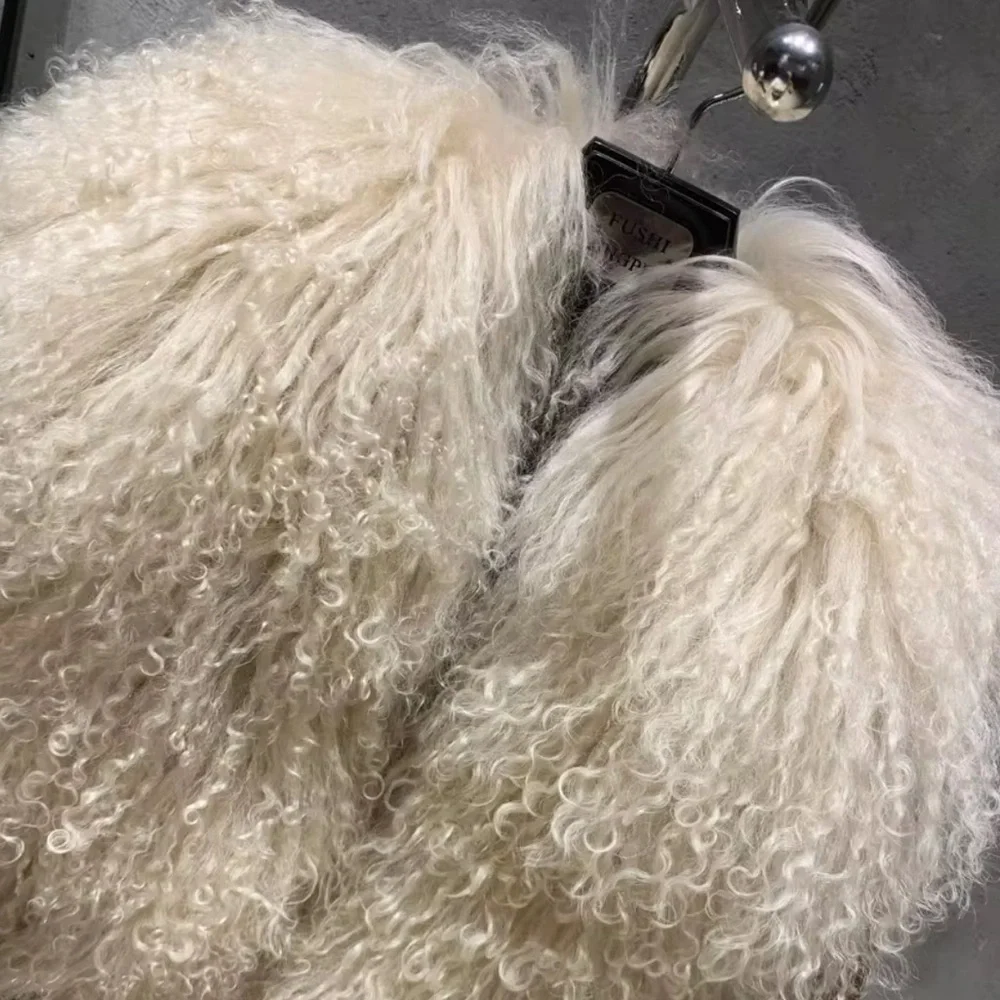 Luxurious Shearling Mongolian sheep fur Coat with Cream suede - Picture 3 of 5